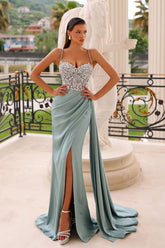 Green A-line Spaghetti Straps Satin Long Split Front Prom Dresses With Beads