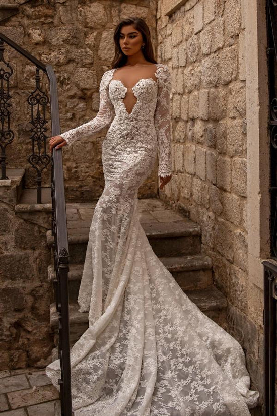 Mermaid V-neck Lace Backless Long Wedding Dresses with Sleeves