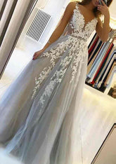 Gray Deep V-Neck Tulle A-Line Long Prom Dress with Lace Appliques