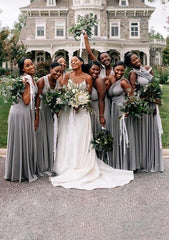 Gray Empire Long Bridesmaid Dress with Ruching Group