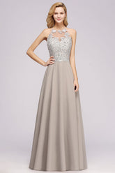 Gray Halter Chiffon A-Line Long Bridesmaid Dress with Lace Appliques