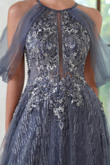 Gray Halter Tulle A-Line Long Evening Dress with Lace Appliques Bodice Detail