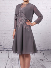 Gray Scoop Neck Chiffon A-Line Mother of the Bride Dress with Long Sleeves