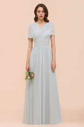 Gray V-Neck Chiffon A-Line Long Bridesmaid Dress with Ruching