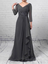 Gray V-Neck Chiffon A-Line Long Mother of the Bride Dress with Long Sleeves