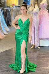Green Deep V-Neck Sequin Mermaid Long Prom Dress with Slit