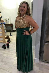 Green Halter Sequin Empire Long Bridesmaid Dress