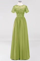 Green Scoop Neck Chiffon A-Line Long Bridesmaid Dress with Pleats
