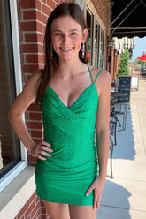 Green V-Neck Bodycon Homecoming Dress with Rhinestones and Ruching
