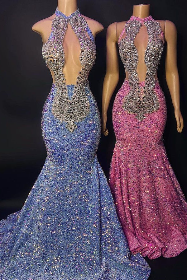 Halter Sequin Mermaid Long Prom Dress with Rhinestones