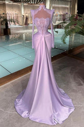 27Dress High-neck Lace Mermaid Prom Dress Long Sleeves with Drape