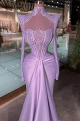 27Dress High-neck Lace Mermaid Prom Dress Long Sleeves with Drape