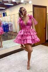 Hot Pink Deep V-Neck A-Line Homecoming Dress with Bow