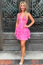 Hot Pink Deep V-Neck Sequin A-Line Homecoming Dress
