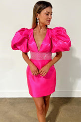 Hot Pink Deep V-Neck Sheath Homecoming Dress with Rhinestones