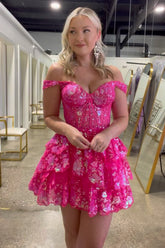 Hot Pink Off The Shoulder Sequin A-Line Homecoming Dress