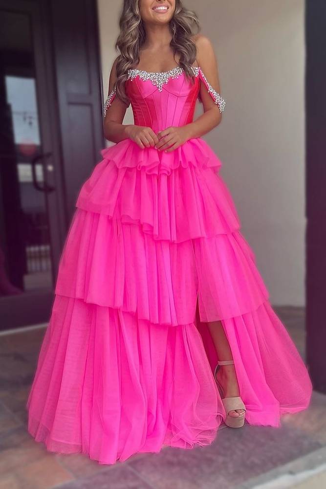 Hot Pink Off The Shoulder Tulle A-Line Long Prom Dress with Slit