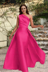 Hot Pink One Shoulder Satin Sheath Long Evening Dress