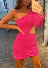 Hot Pink One Shoulder Sequin Bodycon Homecoming Dress with Long Sleeves