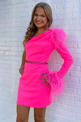 Hot Pink One Shoulder Sheath Homecoming Dress with Long Sleeves