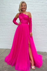 Hot Pink One Shoulder Tulle A-Line Long Prom Dress