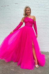 Hot Pink One Shoulder Tulle A-Line Long Prom Dress
