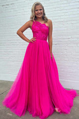 Hot Pink One Shoulder Tulle A-Line Long Prom Dress