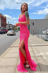 Hot Pink Scoop Neck Sequin Sheath Long Prom Dress with Slit