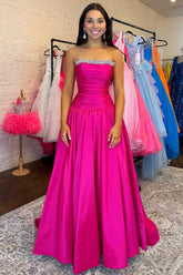 Hot Pink Strapless A-Line Long Prom Dress with Beading