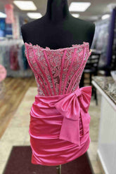 Hot Pink Strapless Bodycon Homecoming Dress with Lace Appliques