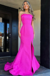 Hot Pink Strapless Mermaid Long Prom Dress with Slit