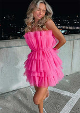 Hot Pink Strapless Tulle A-Line Homecoming Dress with Ruffles
