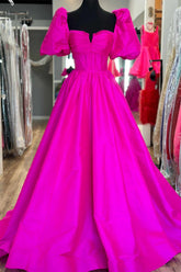 Hot Pink Sweetheart A-Line Long Prom Dress with Ruching