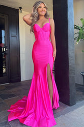 Hot Pink Sweetheart Mermaid Long Prom Dress with Slit