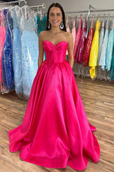 Hot Pink Sweetheart Satin A-Line Long Prom Dress with Pockets
