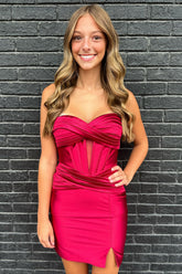 Hot Pink Sweetheart Satin Bodycon Homecoming Dress with Slit