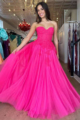 Hot Pink Sweetheart Tulle A-Line Long Prom Dress with Lace Appliques