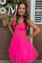 Hot Pink V-Neck Tulle A-Line Homecoming Dress with Pockets