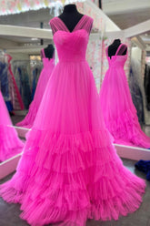 Hot Pink V-Neck Tulle A-Line Long Prom Dress with Ruching