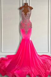 V-neck Tulle Mermaid Style Sleeveless Sweep Train Prom Dresses with Applique Beadings in Pink