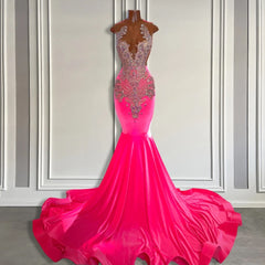 V-neck Tulle Mermaid Style Sleeveless Sweep Train Prom Dresses with Applique Beadings in Pink