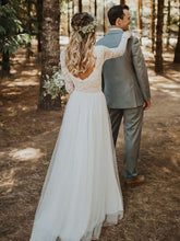Ivory A-Line Sweep Train Wedding Dress with Lace Appliques, Long Sleeves and Open Back