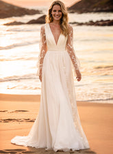 Ivory Deep V-Neck A-Line Sweep Train Wedding Dress with Lace Appliques, Long Sleeves and Pleats