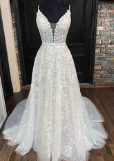 Ivory Deep V-Neck A-Line Wedding Dress with Lace Appliques and Court Train