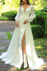 Ivory Deep V-Neck Chiffon A-Line Sweep Train Wedding Dress with Lace Appliques, Long Sleeves and Slit