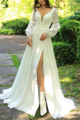 Ivory Deep V-Neck Chiffon A-Line Sweep Train Wedding Dress with Lace Appliques, Long Sleeves and Slit