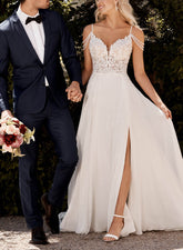 Ivory Deep V-Neck Chiffon A-Line Wedding Dress with Lace Appliques and Slit