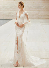Ivory Deep V-Neck Lace Mermaid Wedding Dress with Long Sleeves and Slit