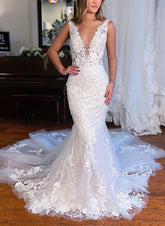 Ivory Deep V-Neck Mermaid Chapel Train Wedding Dress with Lace Appliques