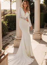 Ivory Deep V-Neck Mermaid Wedding Dress with Lace Appliques and Long Sleeves
